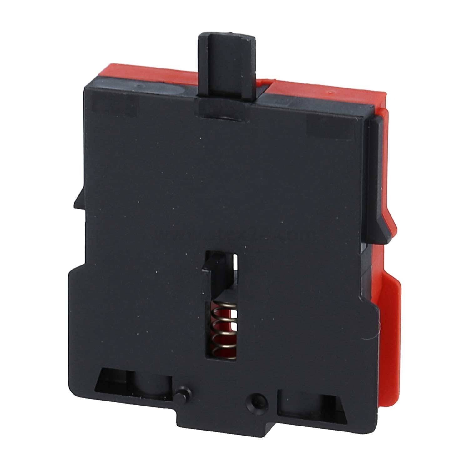 Schwarzer und roter mechanischer Tastaturschalter, der die Federungs- und Stammdesign zeigt, der in Computertastaturen für taktiles Feedback und Eingabe verwendet wird.