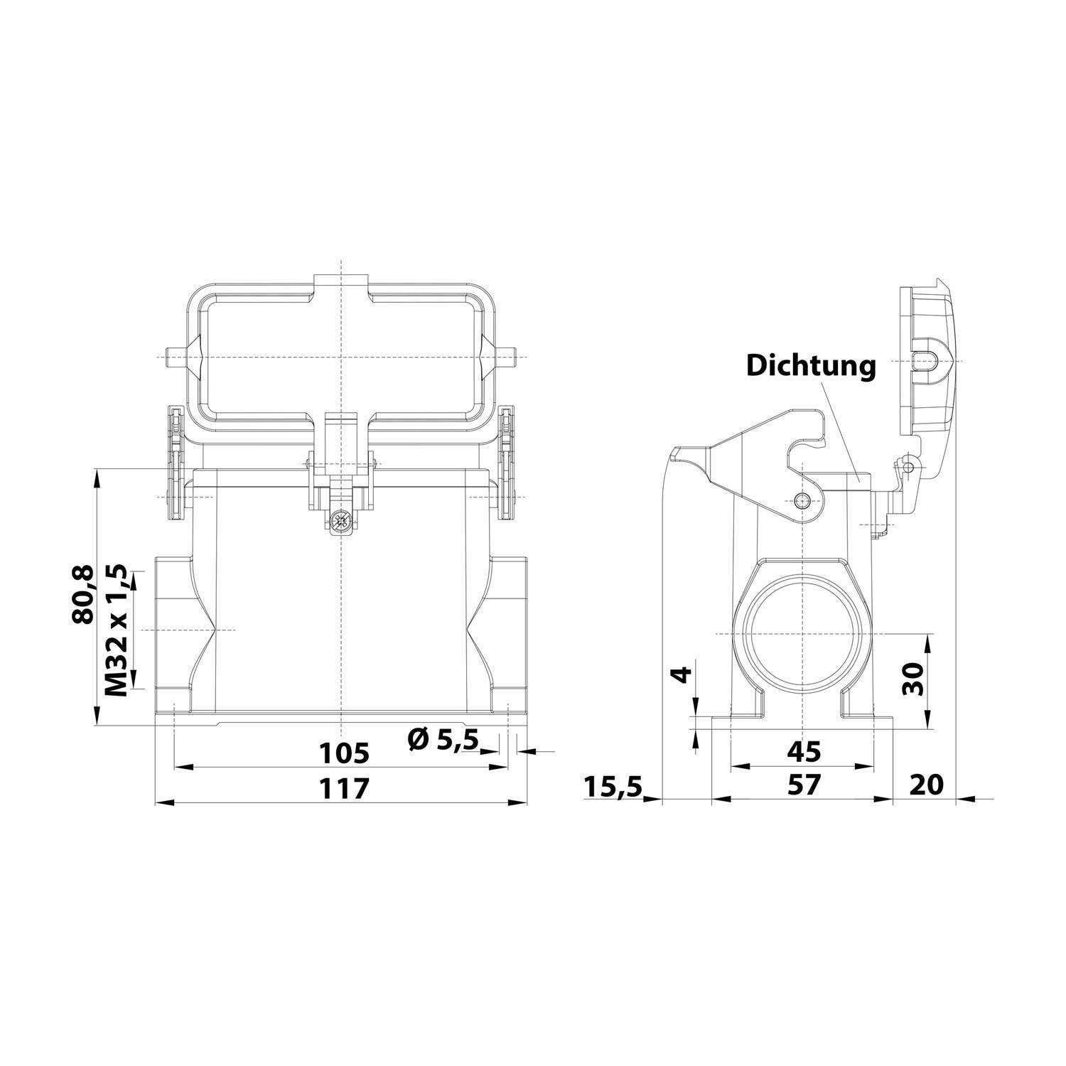 05300162271 HARTING Han 16B Sockelgehäuse hoch, 1xM32 seitlicher Kabelabgang, mit 1 Längsbügel mit Schutzkappe Metall -