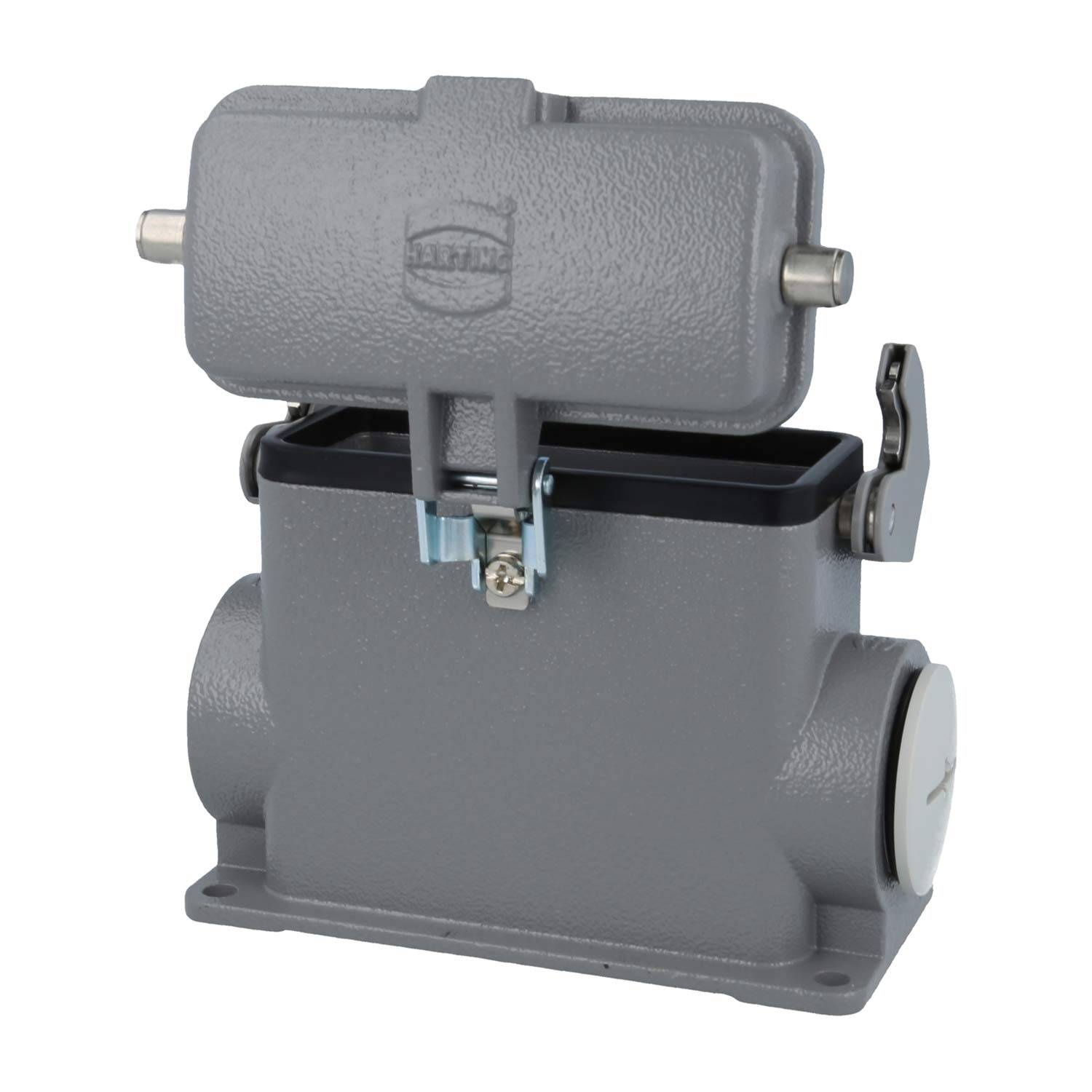Ein grauer industrieller Elektroverbinder mit einem klappbaren Metalldeckel, der in geöffneter Position gezeigt wird, um den inneren Anschlussbereich freizulegen.