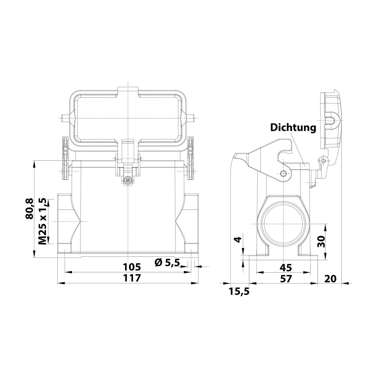Technische Zeichnung einer Dichtung mit Maßangaben: 105x117 Seitenansicht, 45 Tiefe, 80,8 Höhe und weitere markierte Abmessungen. Deutscher Text: Dichtung.