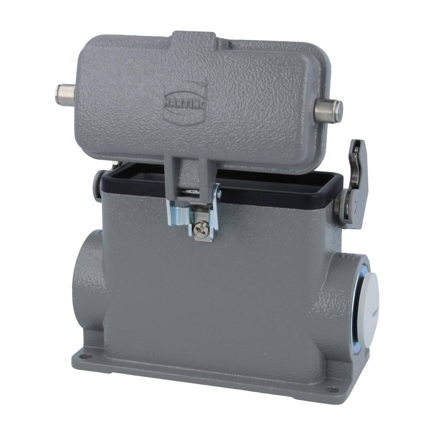 Ein grau-industrielles Steckverbindergehäuse mit Metallverriegelung und sichtbarem Markenlogo auf der Oberseite.