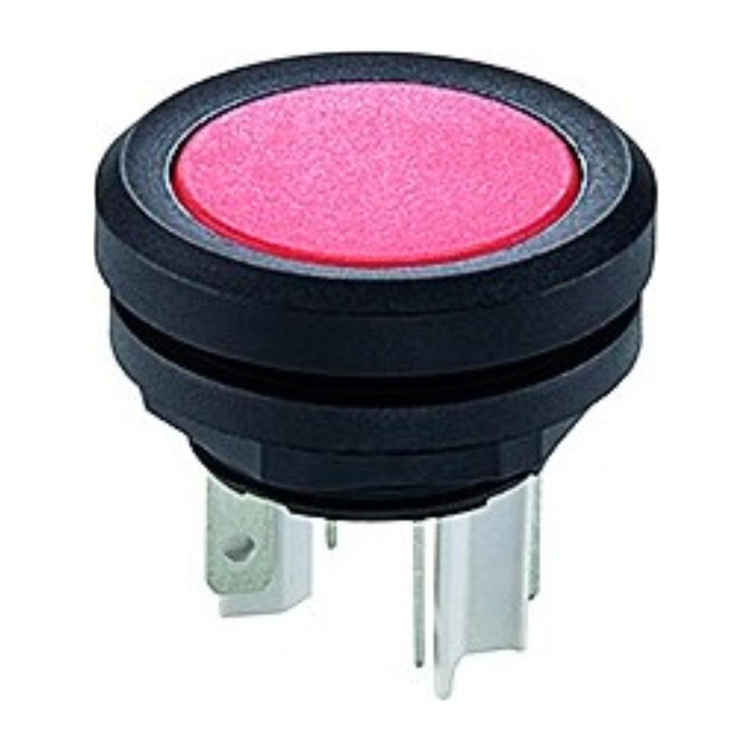 Ein runder roter Druckknopf mit schwarzem Rand und Metallkontaktstiften darunter, verwendet für elektronische Geräte oder Bedienfelder.