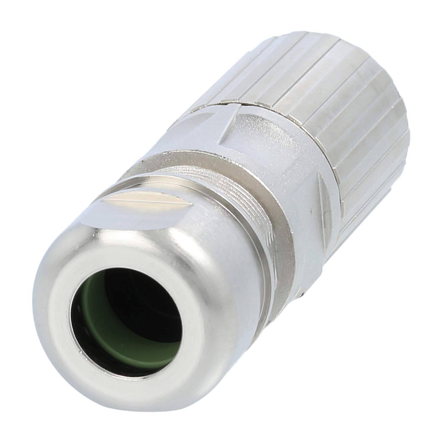 Ein Koaxialkabelstecker aus Metall mit gerippter Griffoberfläche und Schraubkupplung, der typischerweise zum Anschluss von Satelliten- oder Kabel-TV-Eingängen verwendet wird.