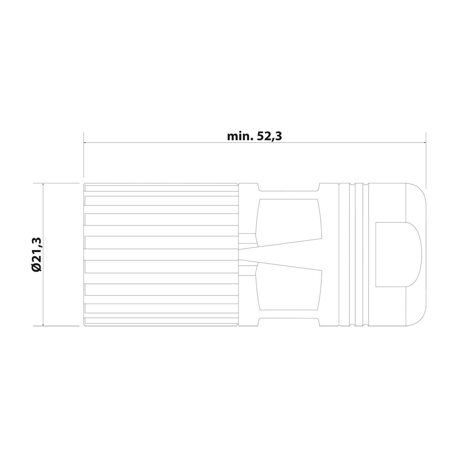 Eine technische Zeichnung eines zylindrischen Objekts mit Abmessungen: Länge 'mind. 52,3' und Durchmesser 'Ø21,3'. Linien zeigen Teile und Struktur.