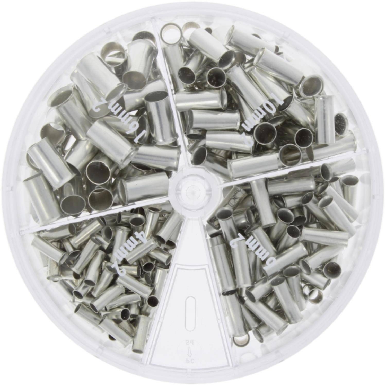 „Ungefähr 230 Stück Silberdraht-Aderendhülsen in verschiedenen Größen, in einem kreisförmigen Kunststoffbehälter mit Unterteilungen sortiert.