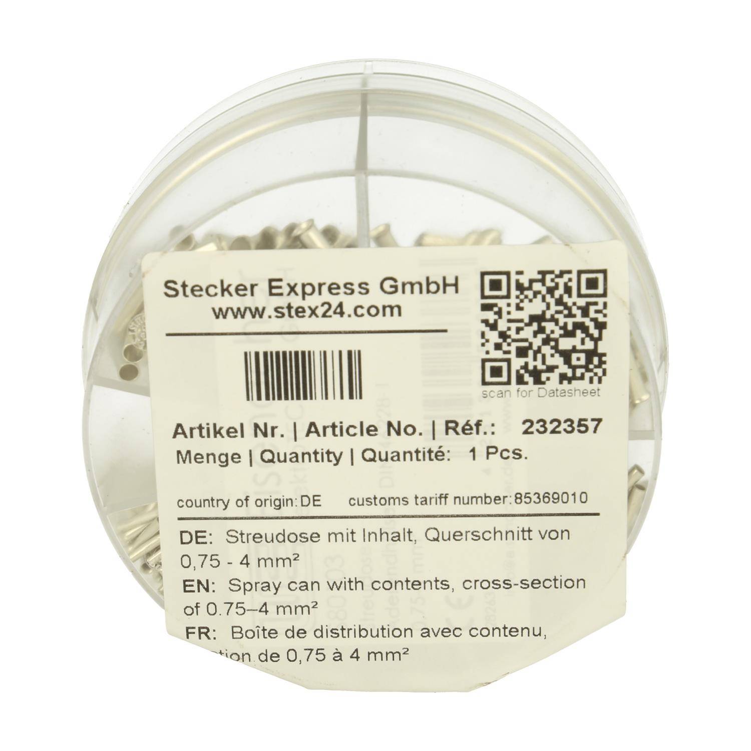 Kunststoffbehälter mit der Aufschrift 'Stecker Express GmbH', versehen mit einem QR-Code. Er enthält gespritzte Inhalte, 0,75-4 mm², 1 Stück.