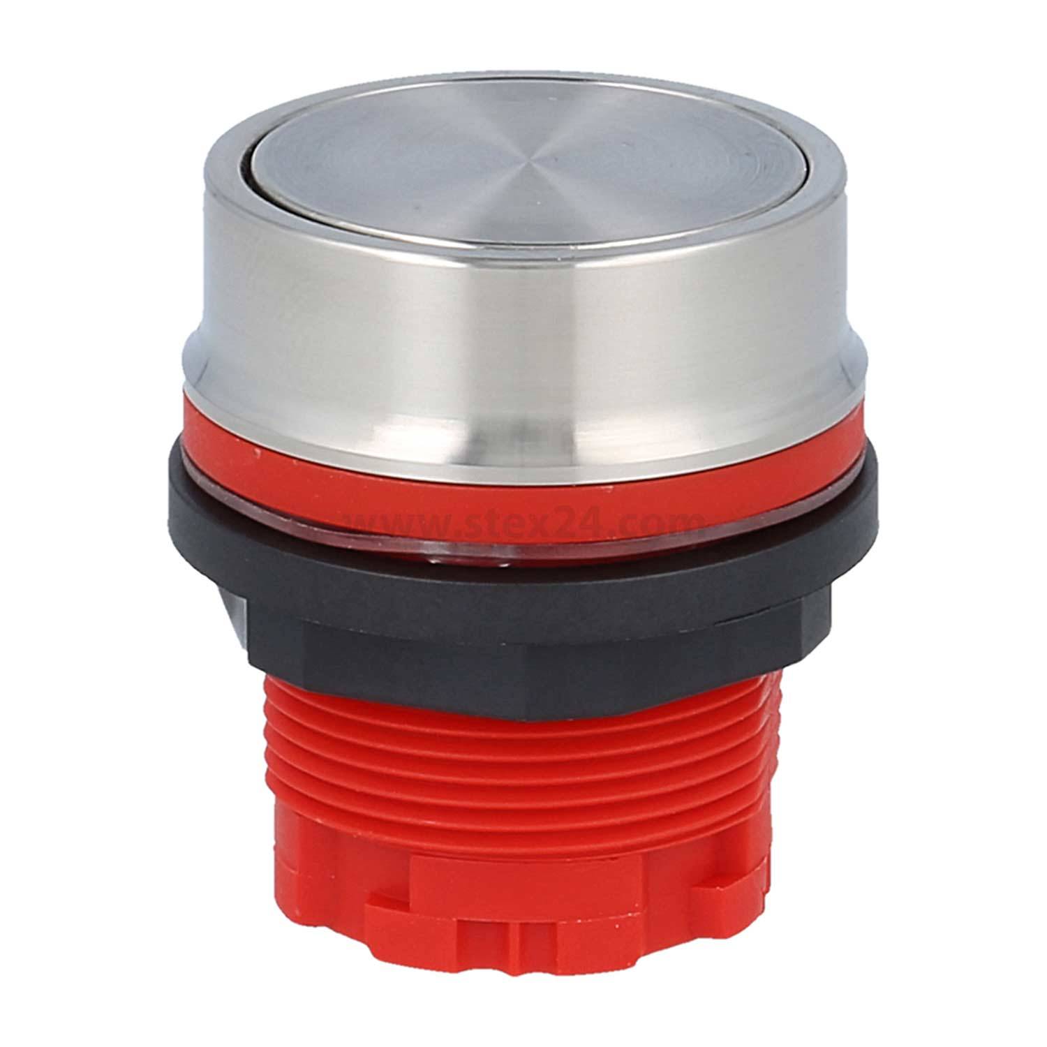 Ein roter und silberner industrieller Drucktaster mit einem schwarzen Ring, der für Maschinen oder Bedienfelder verwendet wird.