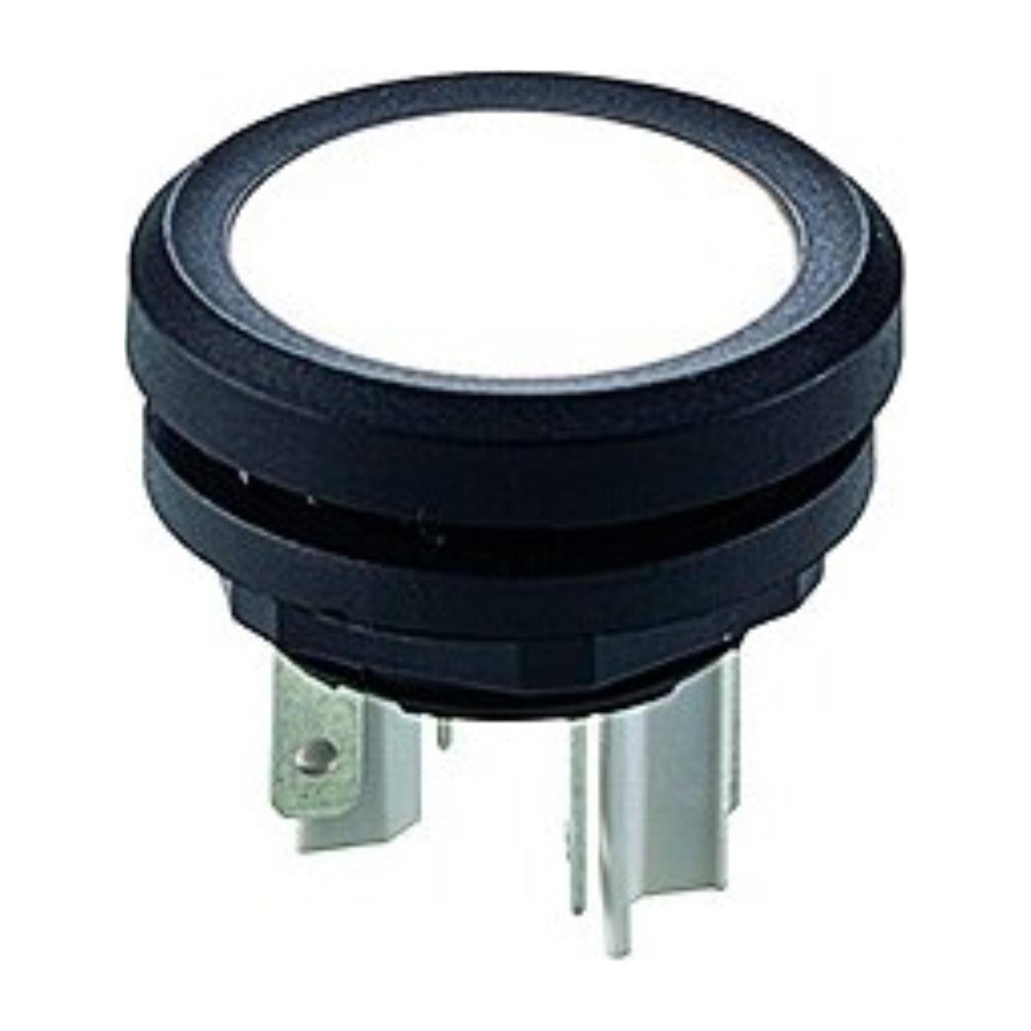 Ein runder, schwarzer Knopf mit einem weißen Zentrum und Metallkontakten, der typischerweise für elektronische Geräte oder Maschinen verwendet wird.