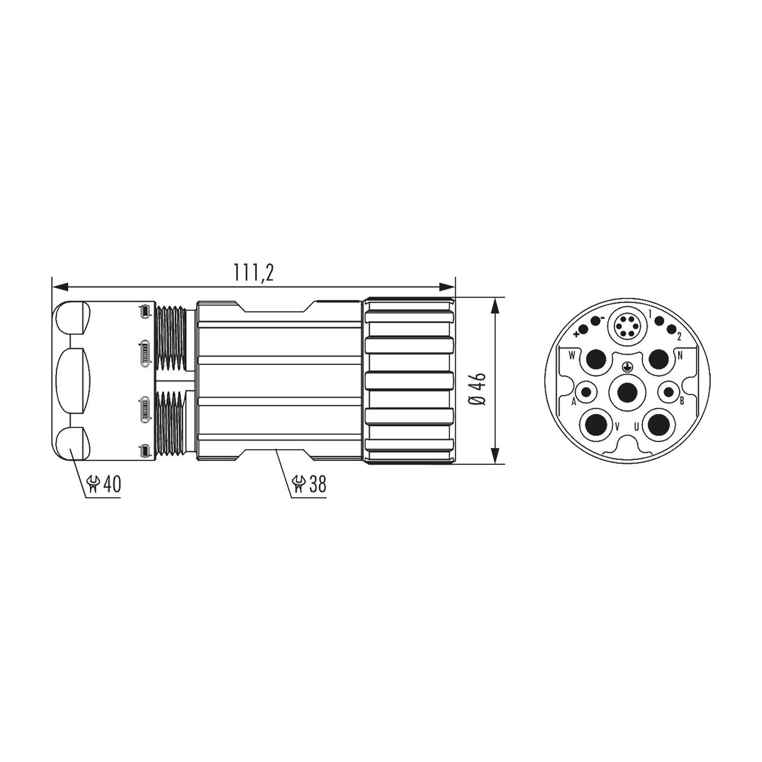 Skizze eines zylindrischen mechanischen Bauteils mit Maßen: Länge 111,2 mm, Durchmesser 40 mm und 38 mm, mit Seiten- und Endansicht.