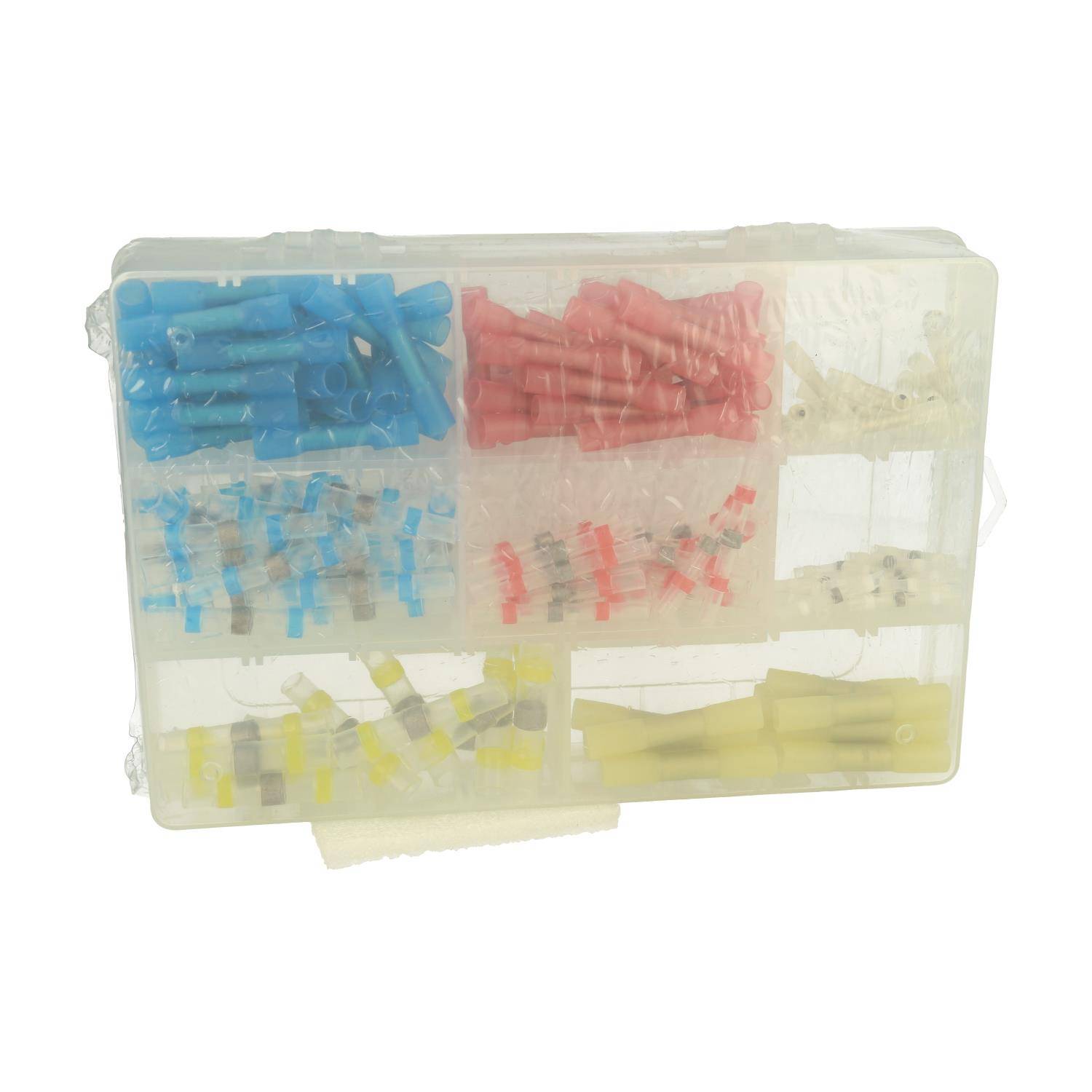 Eine transparente Box, die verschiedene farbige elektrische Verbinder enthält, die in separaten Fächern organisiert sind.