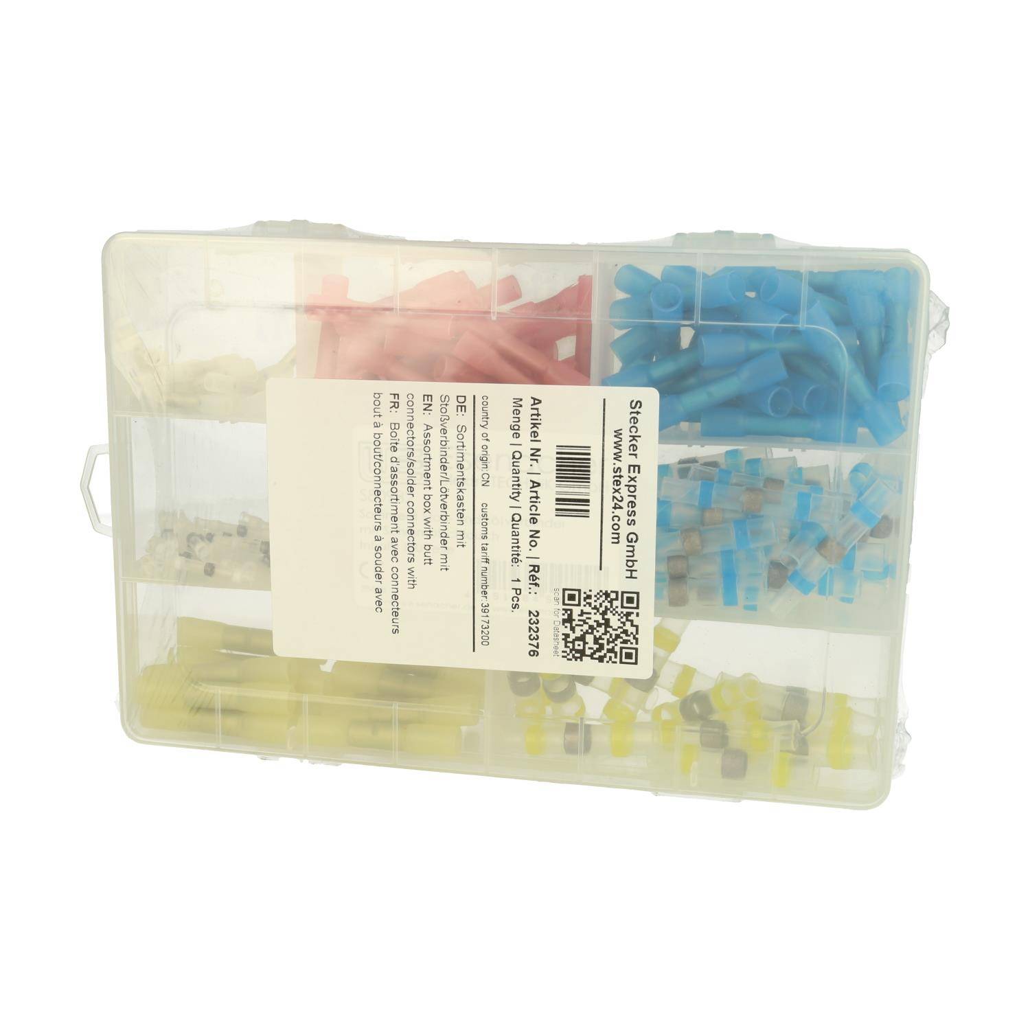 Eine Aufbewahrungsbox mit verschiedenfarbigen elektrischen Anschlüssen, einschließlich blauer, rosa und gelber Typen, mit einer Etikette, die Details zu den Spezifikationen enthält.