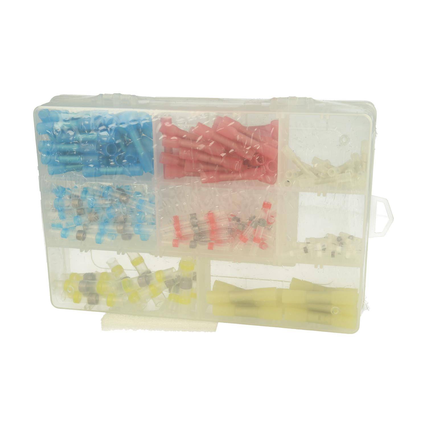 Eine Kunststoffbox mit sortierten elektrischen Anschlüssen in verschiedenen Farben: blau, rot, gelb und transparent, in Fächern angeordnet.
