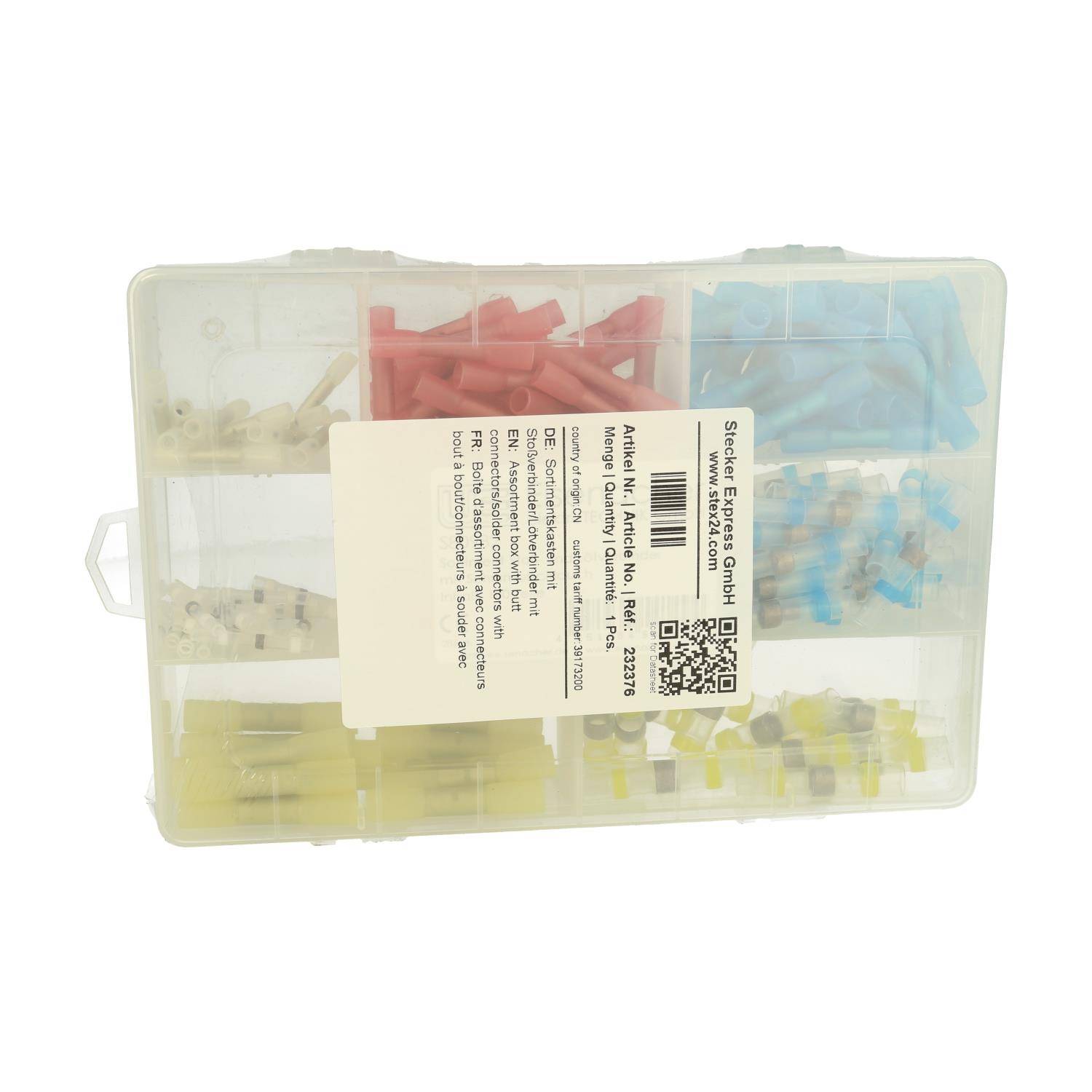 Eine transparente Plastikbox, die verschiedenfarbige elektrische Verbinder in Fächern geordnet enthält, mit einem Etikett und QR-Code auf dem Deckel.