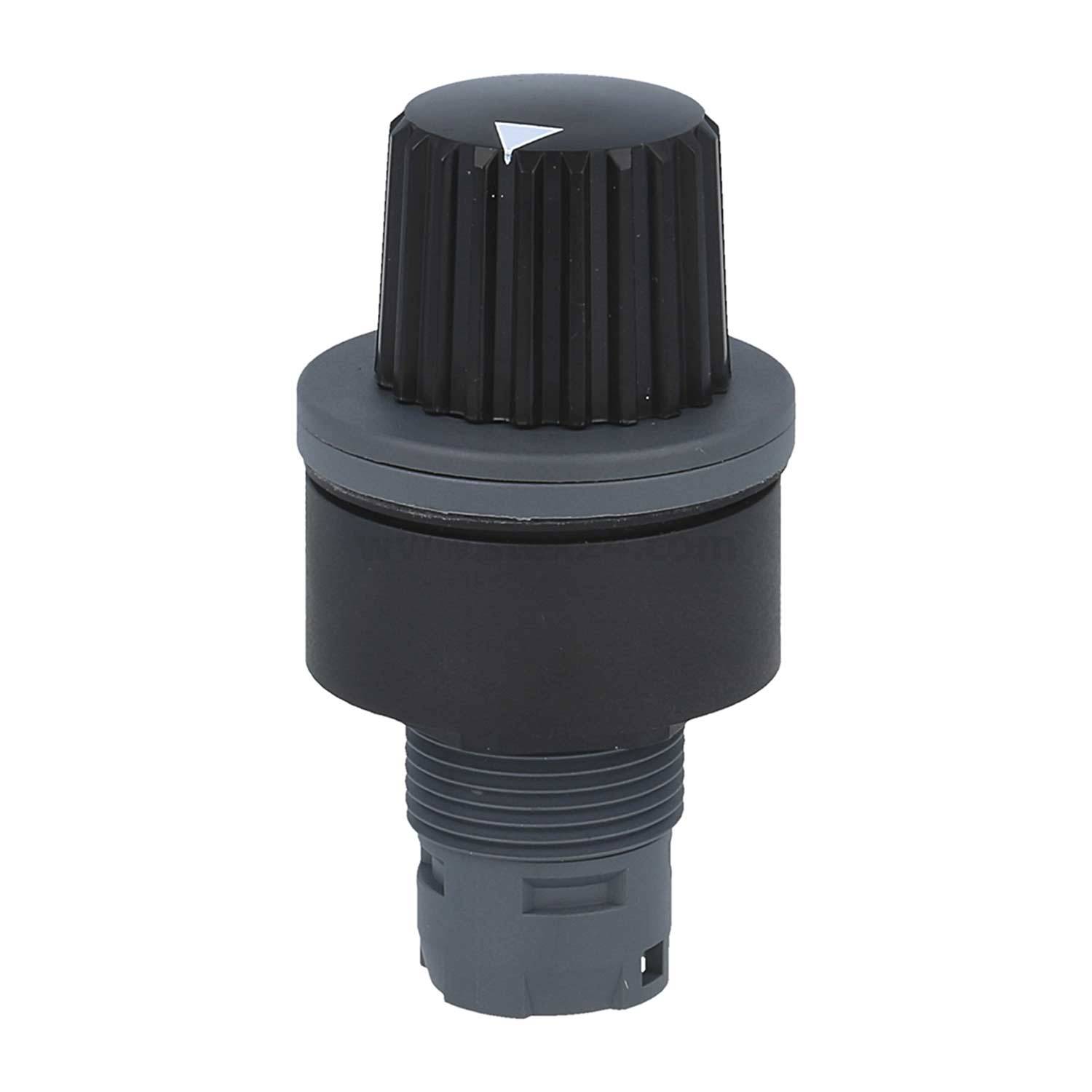 Schwarzer Druckregler mit geripptem Einstellknopf und Gewindesockel, verwendet zur Steuerung von Wasser- oder Luftdruck in Rohrleitungen.