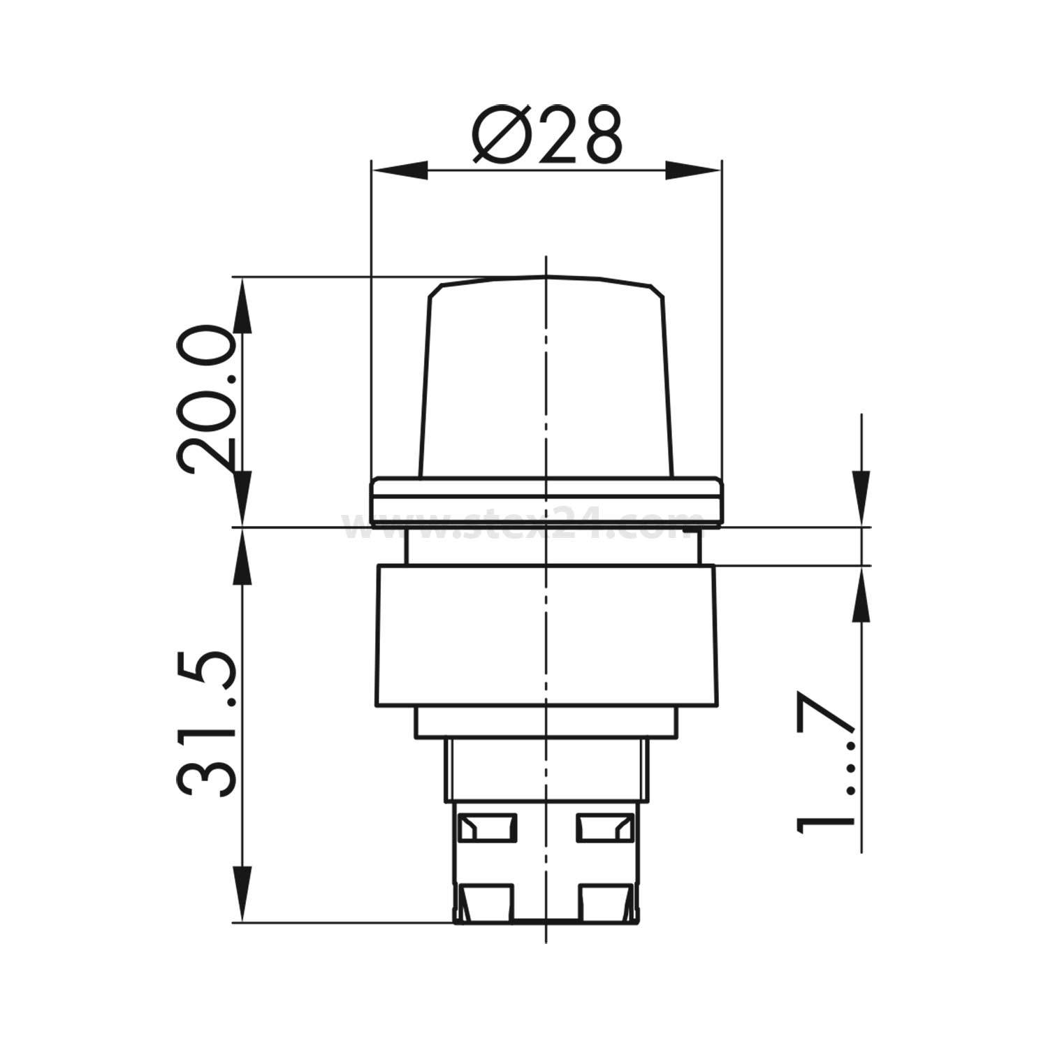 Schalterskizze mit Maßangaben: Gesamthöhe 31,5 mm, oberer Durchmesser 28 mm, Kappenhöhe 20 mm und Basislänge 1,7 mm.