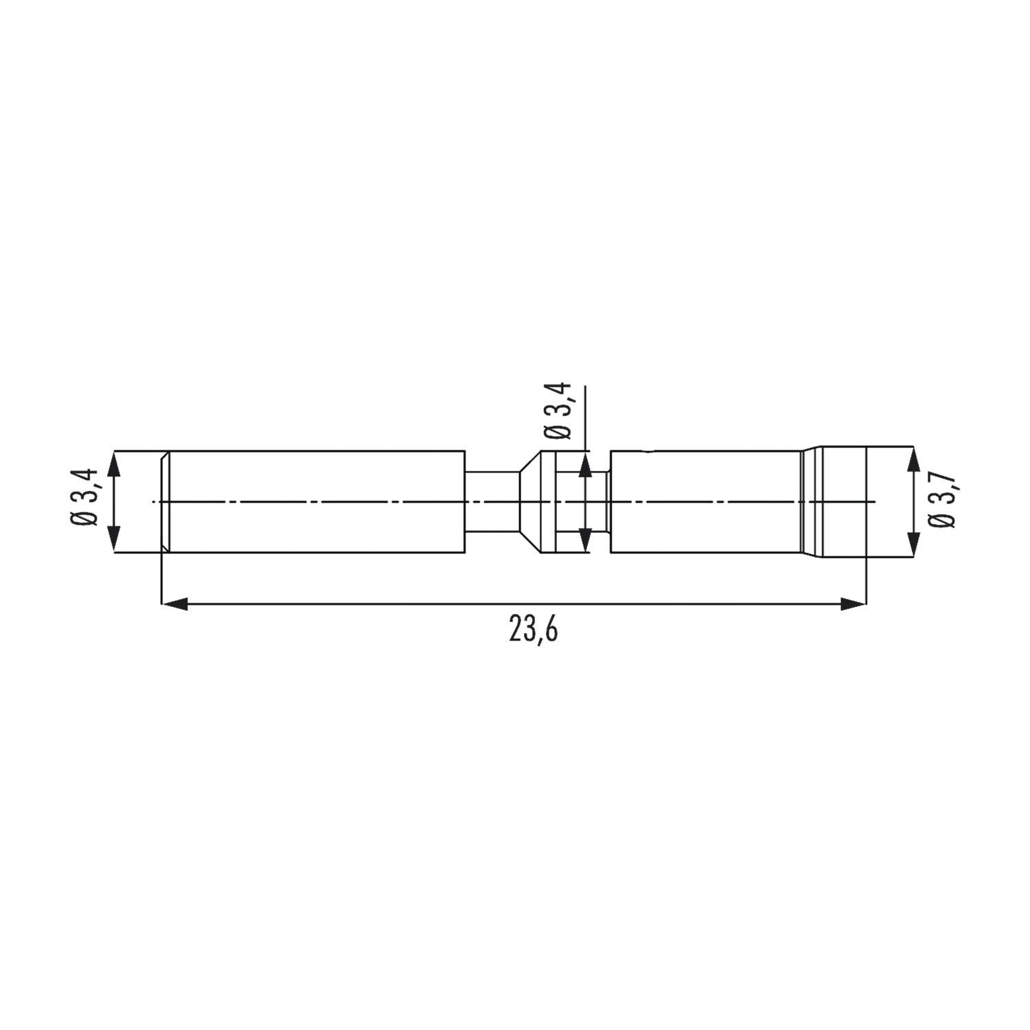 Technische Zeichnung einer zylindrischen Metallstange mit Abmessungen: Länge 23,6 mm, linker Durchmesser 3,4 mm, rechter Durchmesser 3,7 mm.