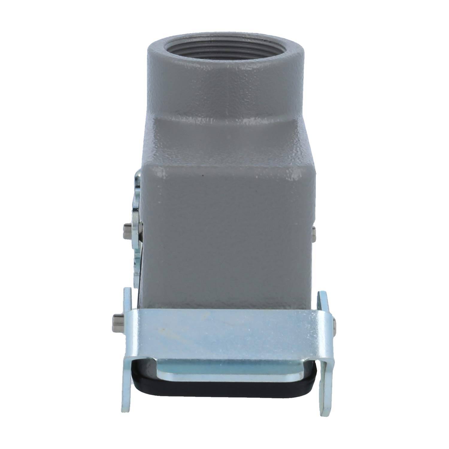 Ein graues industrielles Anschlussgehäuse mit Metalllaschen, von vorne betrachtet, mit einer zylindrischen Öffnung an der Oberseite.