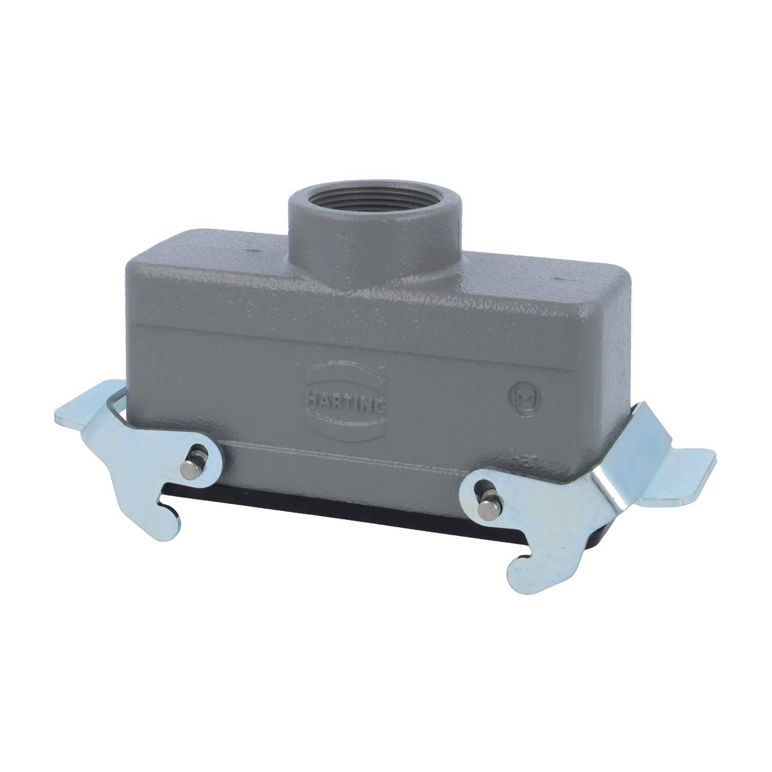 Eine rechteckige, graue Elektro-Verteilerdose mit einem Gewindeloch oben und zwei Metallbefestigungsklammern an den Seiten. Geeignet für den Einsatz im Innenbereich.