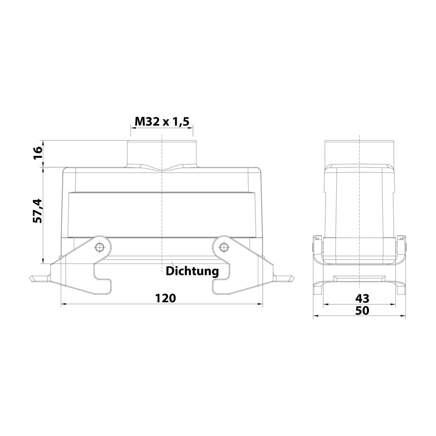 Technische Zeichnung eines mechanischen Bauteils, Abmessungen: 57,4 hoch, 120 breit, mit 50 Breite an der Basis. M32 x 1,5.
