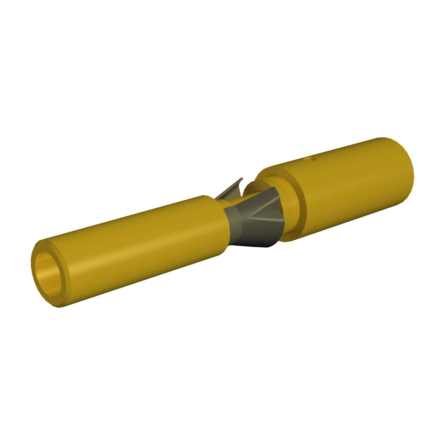 Ein gelbes zweiteiles zylindrisches Objekt mit einem metallischen Innenmechanismus, möglicherweise mit einem Verbinder oder einer mechanischen Baugruppe.