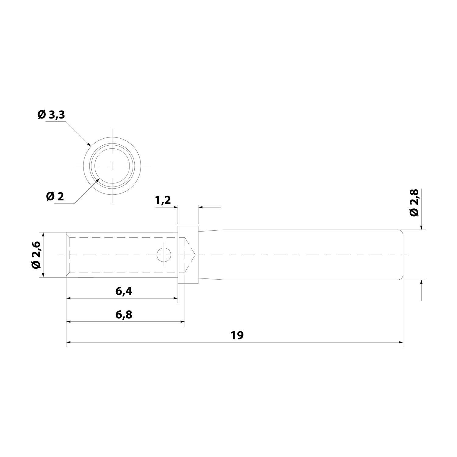 Eine technische Zeichnung einer zylindrischen Komponente mit Maßangaben: Gesamtlänge 19 mm, Hauptdurchmesser 2,6 mm, 2,8 mm und Seitenloch 3,3 mm.