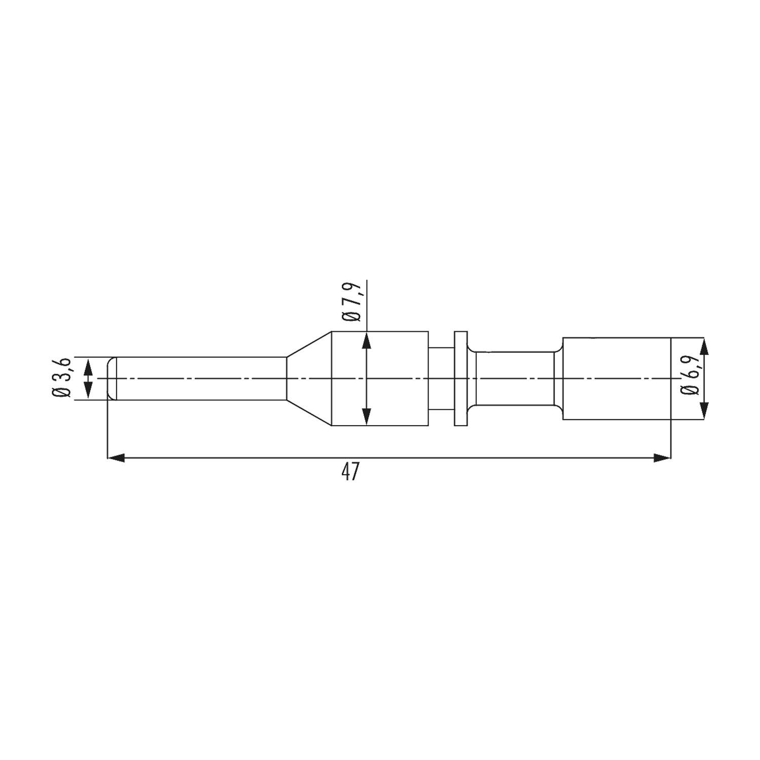 Technische Zeichnung eines zylindrischen Metallbauteils mit Durchmessermessungen: 3,6 mm, 7,9 mm und 9,6 mm, mit einer Gesamtlänge von 47 mm.