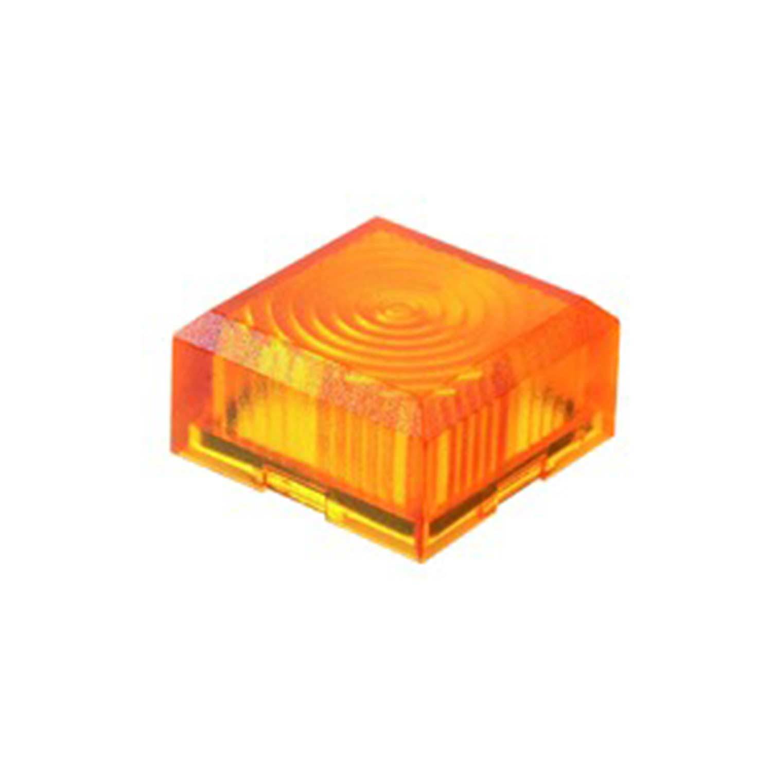 Eine orangene Plastikabdeckung für einen Knopf oder eine elektronische Komponente, kubisch mit einer strukturierten Oberflächenstruktur.
