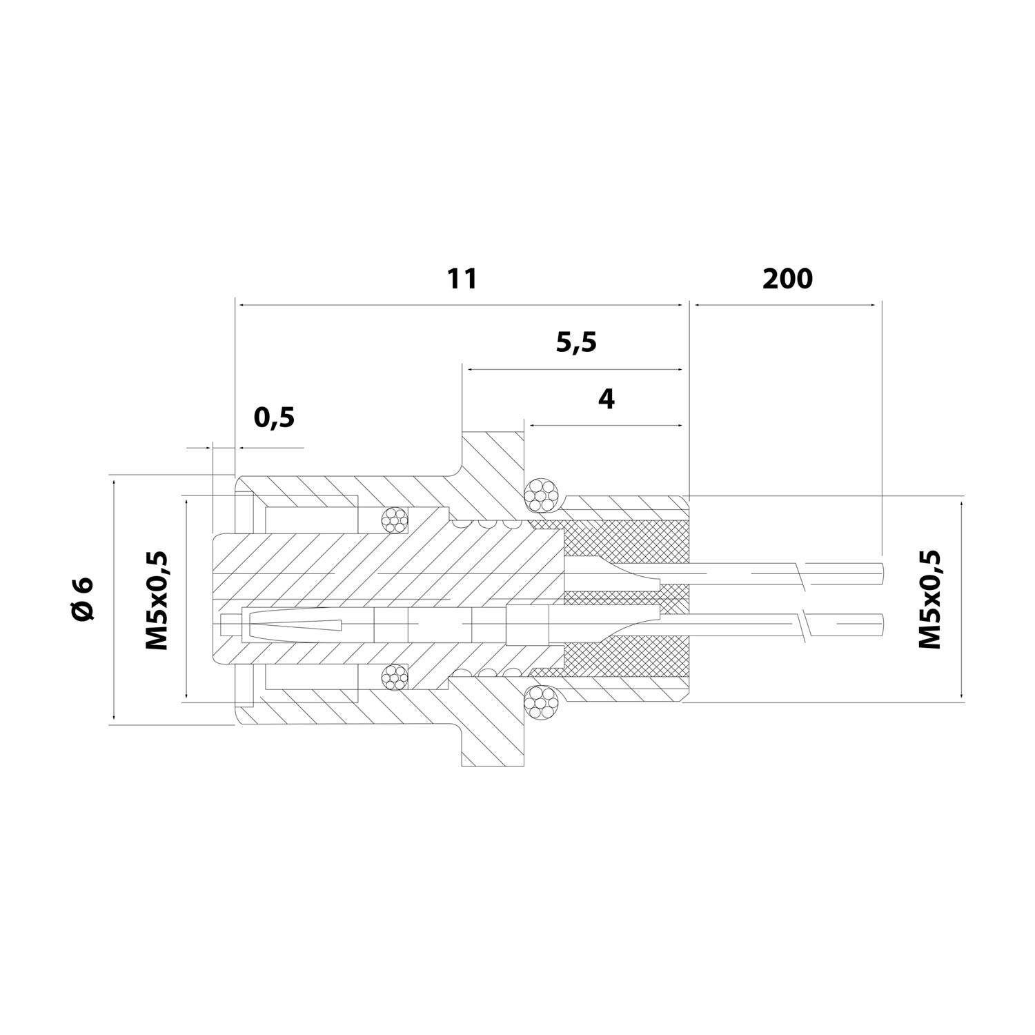 Querschnittsdiagramm einer mechanischen Komponente mit Abmessungen: 11, 5,5, 4 und 200 Einheiten, mit Schraubengewinde M5x0,5.