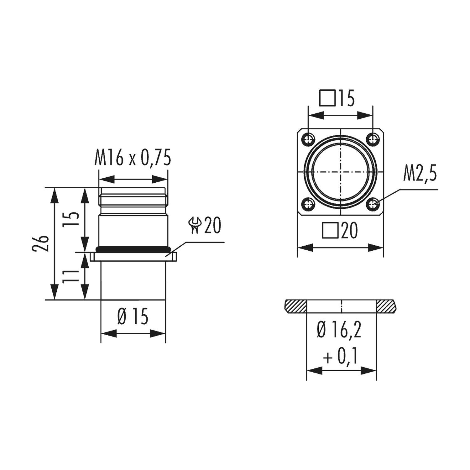 Technische Zeichnung einer Komponente mit Maßen: M16 x 0,75 Gewinde, 26 mm Höhe, 15 mm Breite, verschiedene Durchmesser- und Schraubengrößendetails.