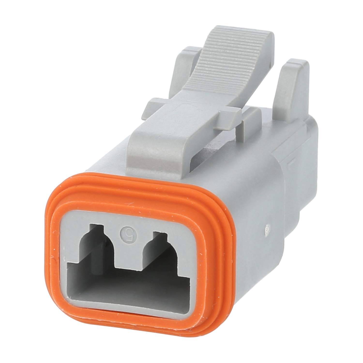 Ein einzelner grauer elektrischer Verbinder mit einer orangefarbenen Dichtung, versehen mit einem Verschlussmechanismus an der Oberseite, der für sichere Kabelverbindungen verwendet wird.