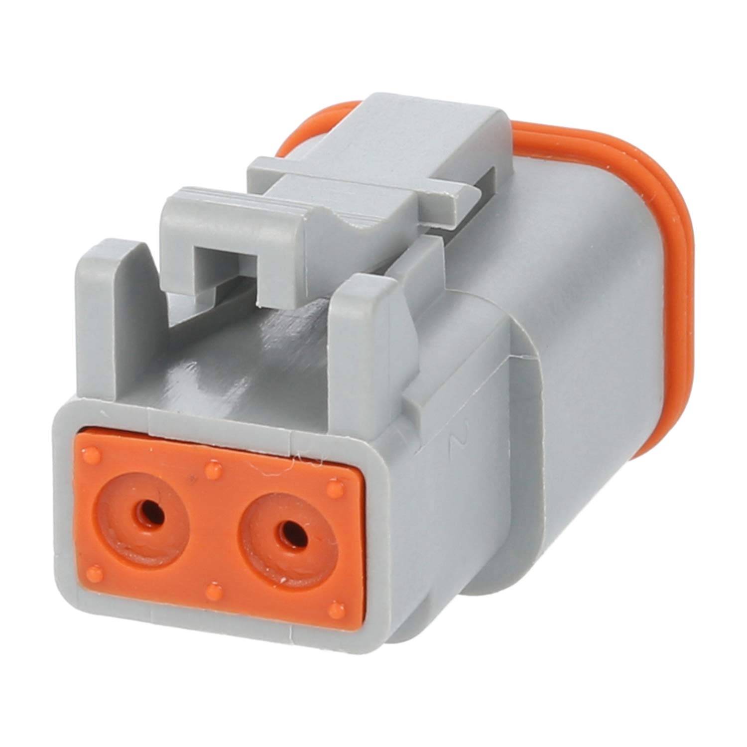 Ein grauer und orangefarbener Elektroverbinder mit zwei kreisrunden Buchsen, der häufig für robuste Verkabelungsanwendungen verwendet wird.