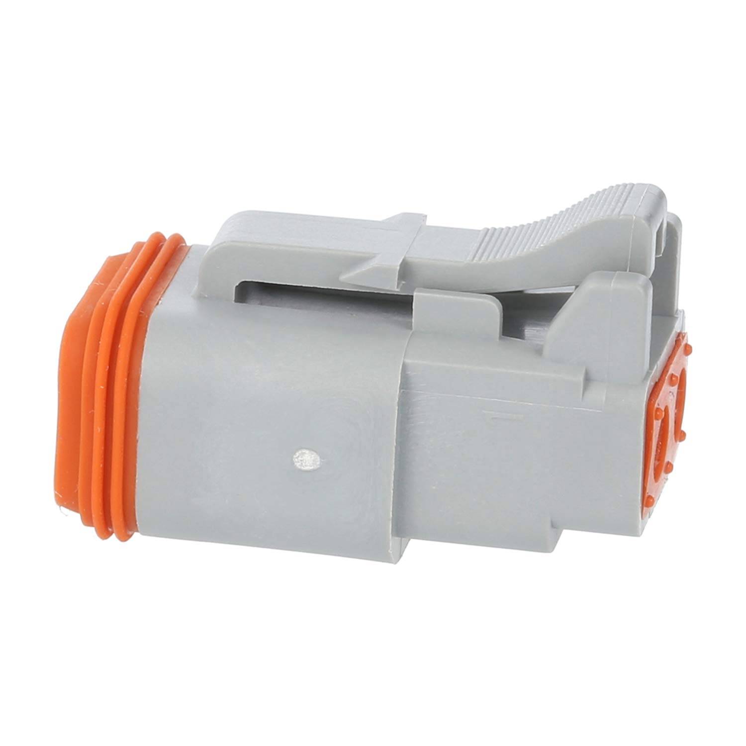 Ein grauer und orangefarbener mechanischer Verbinder in rechteckiger Form mit gerippten Abschnitten und sicheren Klammern an beiden Seiten.