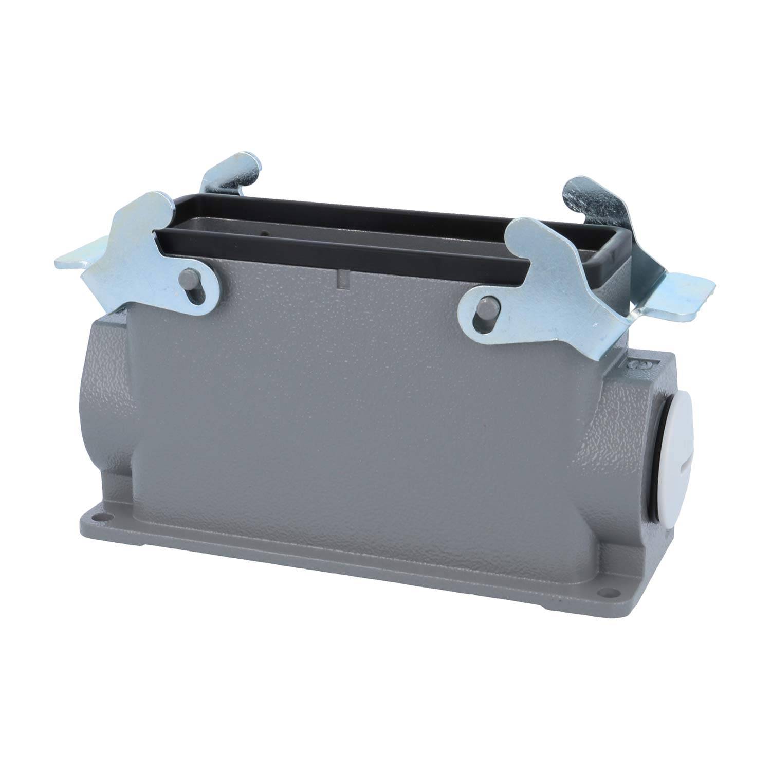 Ein rechteckiges graues elektrisches Anschlussgehäuse mit Metallverriegelungen für eine sichere Befestigung, konzipiert für den industriellen Einsatz.