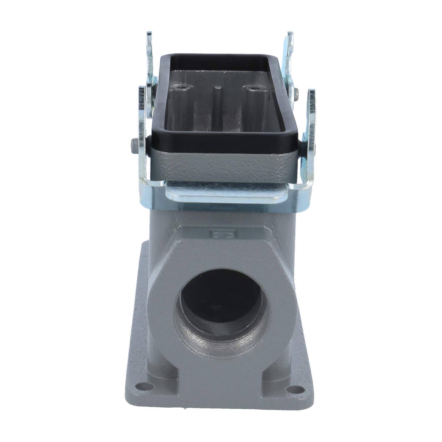 Ein grau-rechteckiges industrielles Anschlussgehäuse mit einer kreisförmigen Öffnung am Boden und metallischen Verriegelungen an den Seiten, das für sichere Befestigungen verwendet wird.