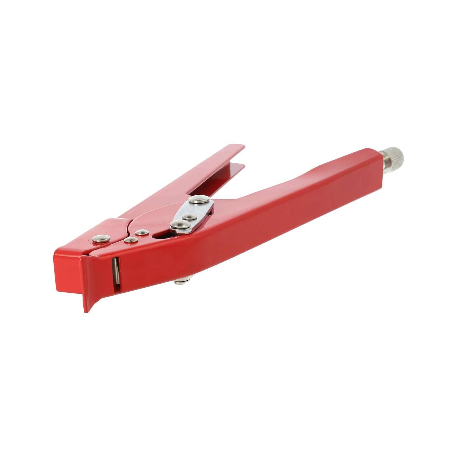 Rote Blindnietzange mit Metallspritze, zum Verbinden von Blechen mit Nieten verwendet.