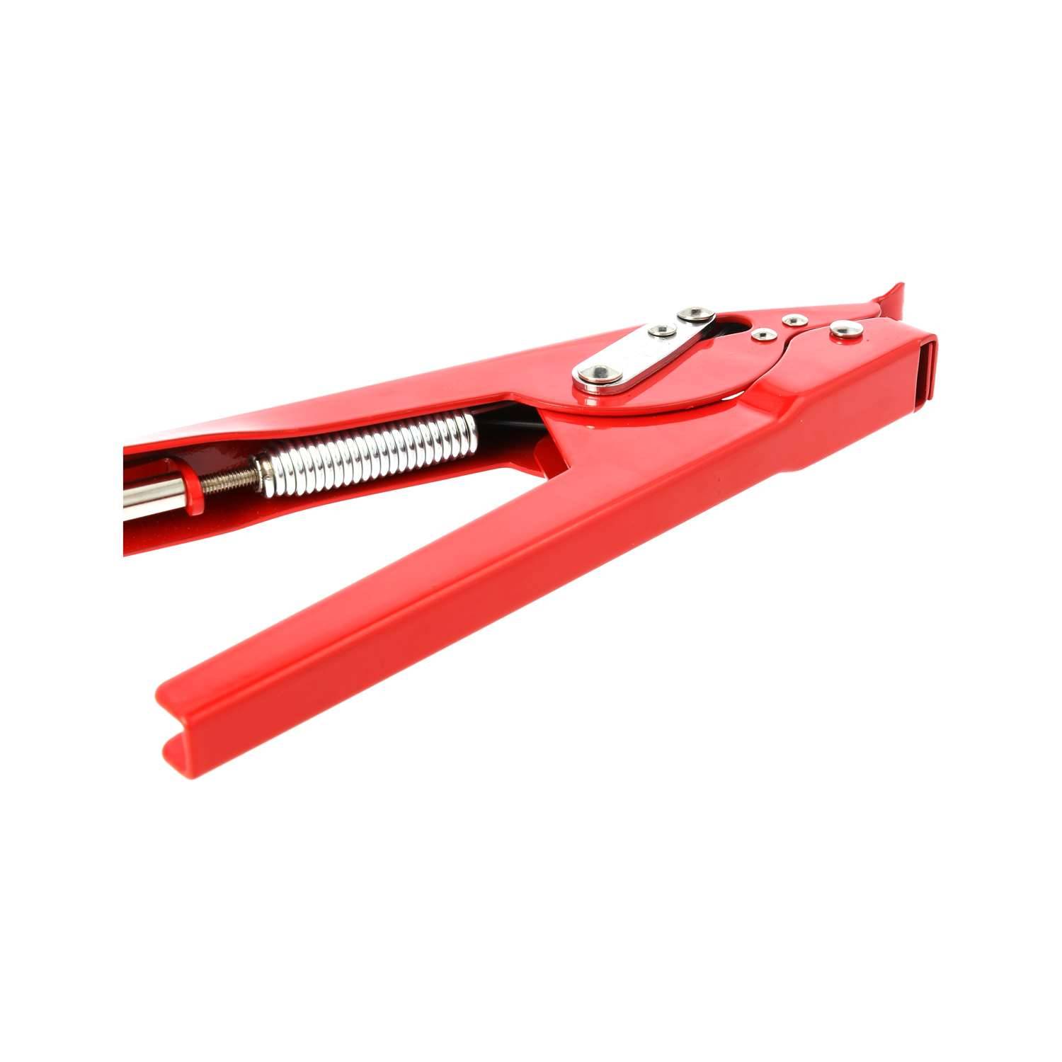 Eine rote Metallspannklemme auf weißem Hintergrund, die ihre offene Position und den sichtbaren Metallfedern-Mechanismus zeigt.