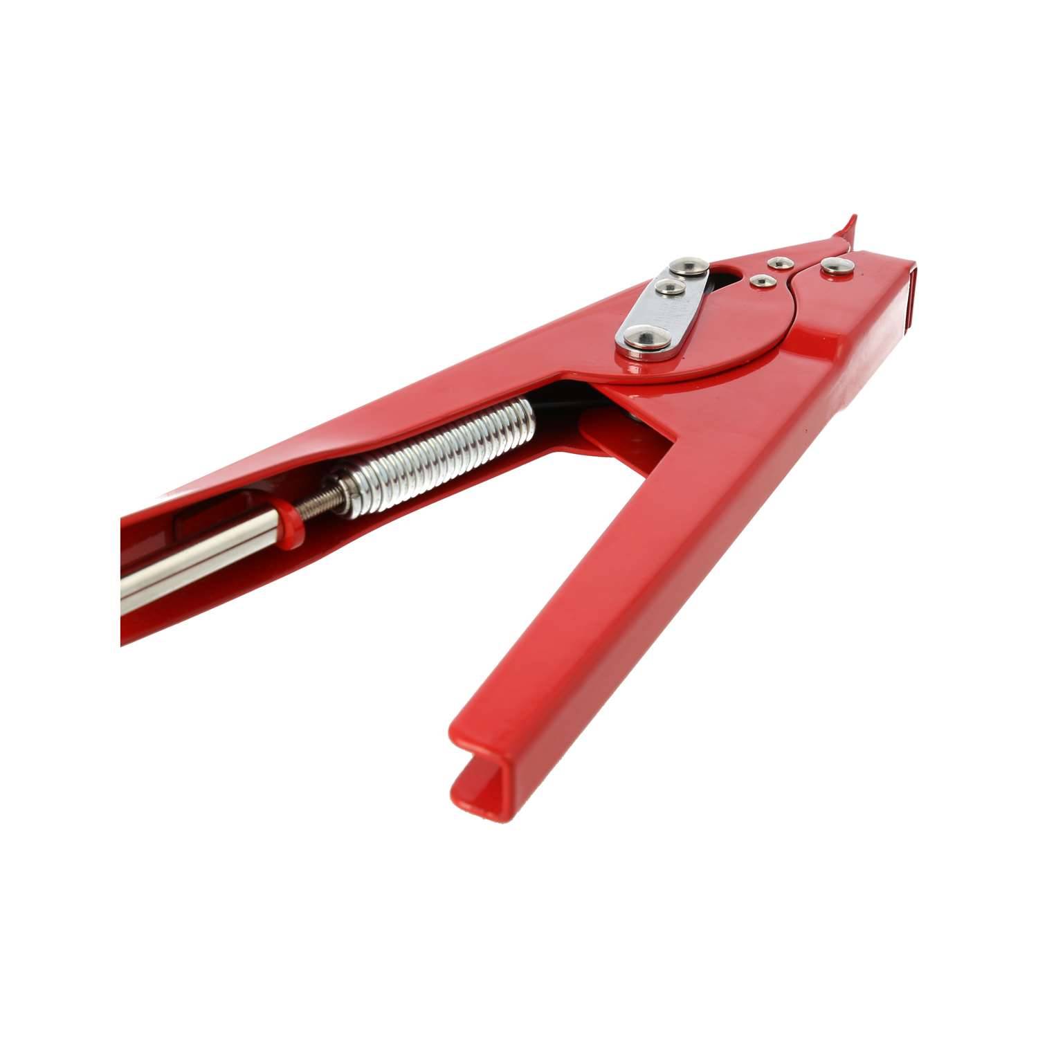 Ein rotes Handwerkzeug mit einem Metallfedermechanismus und Nieterkopf, das zum Metallbearbeiten und Befestigen verwendet wird, shown gegen einen weißen Hintergrund.
