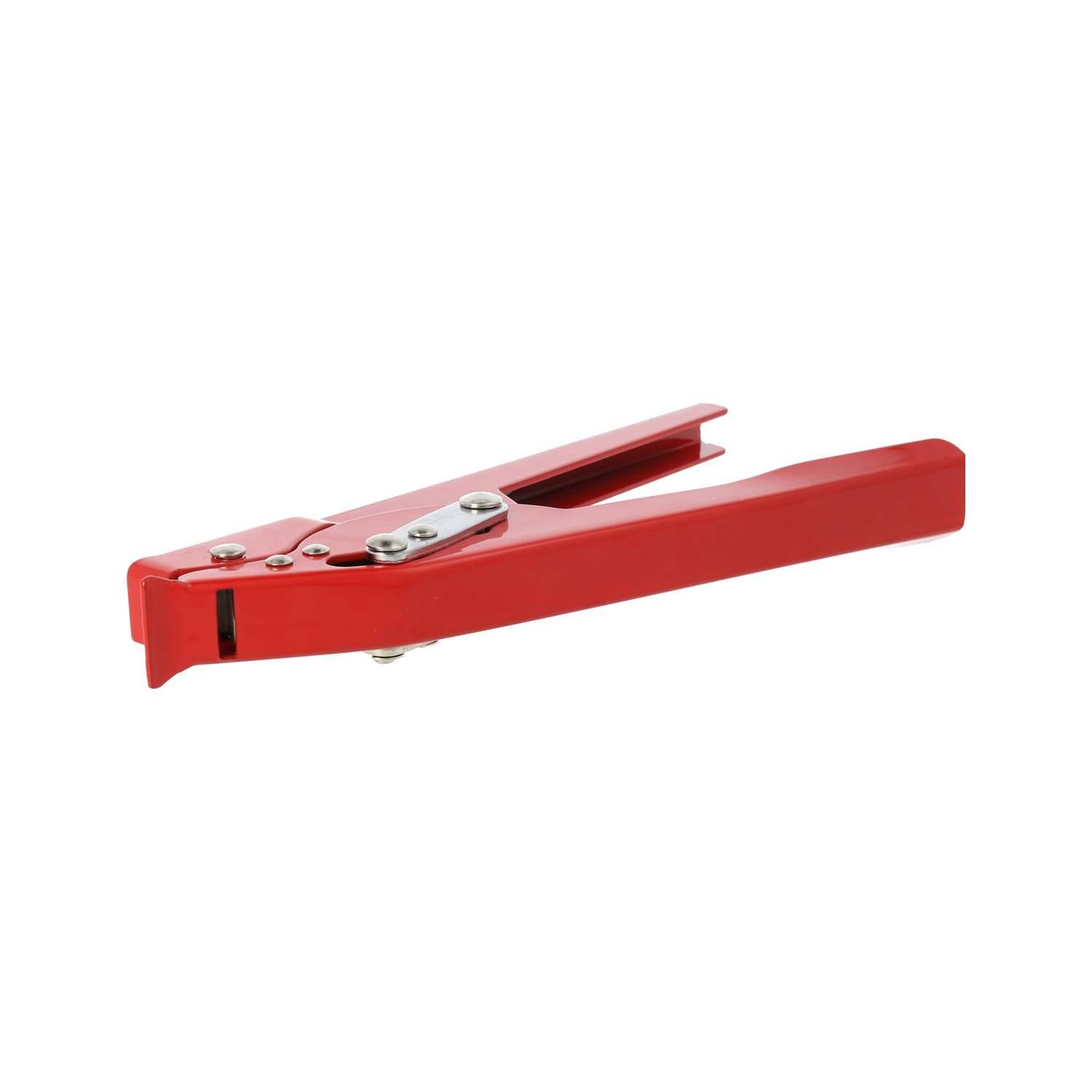 Ein roter tragbarer Heftapparat mit elegantem Design, ausgestattet mit einer Metallkonstruktion und sichtbarem Scharnierme­chanismus, isoliert auf weißem Hintergrund.