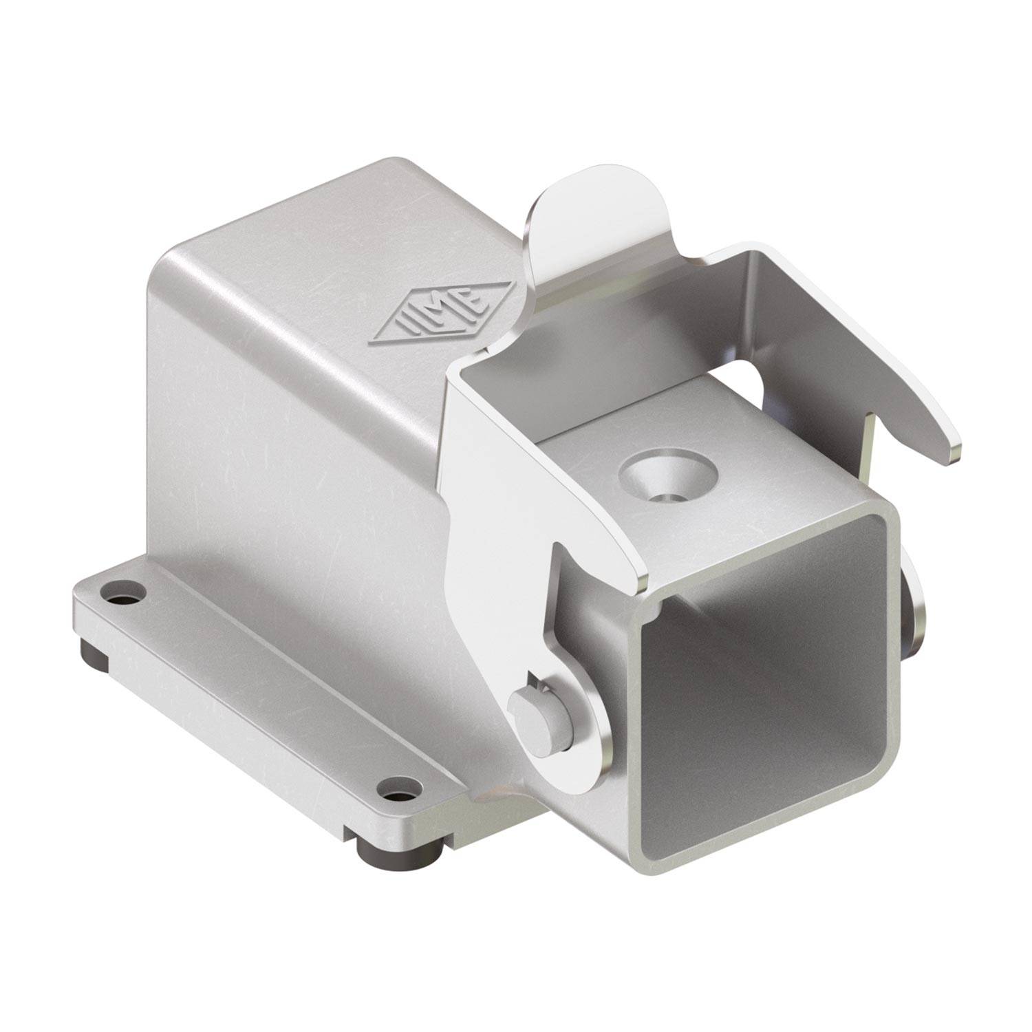 Rechteckige Metallmontagehalterung mit einem zentralen Loch oben und zwei seitlichen Flanschen zur Befestigung, konzipiert für eine sichere Anbringung.