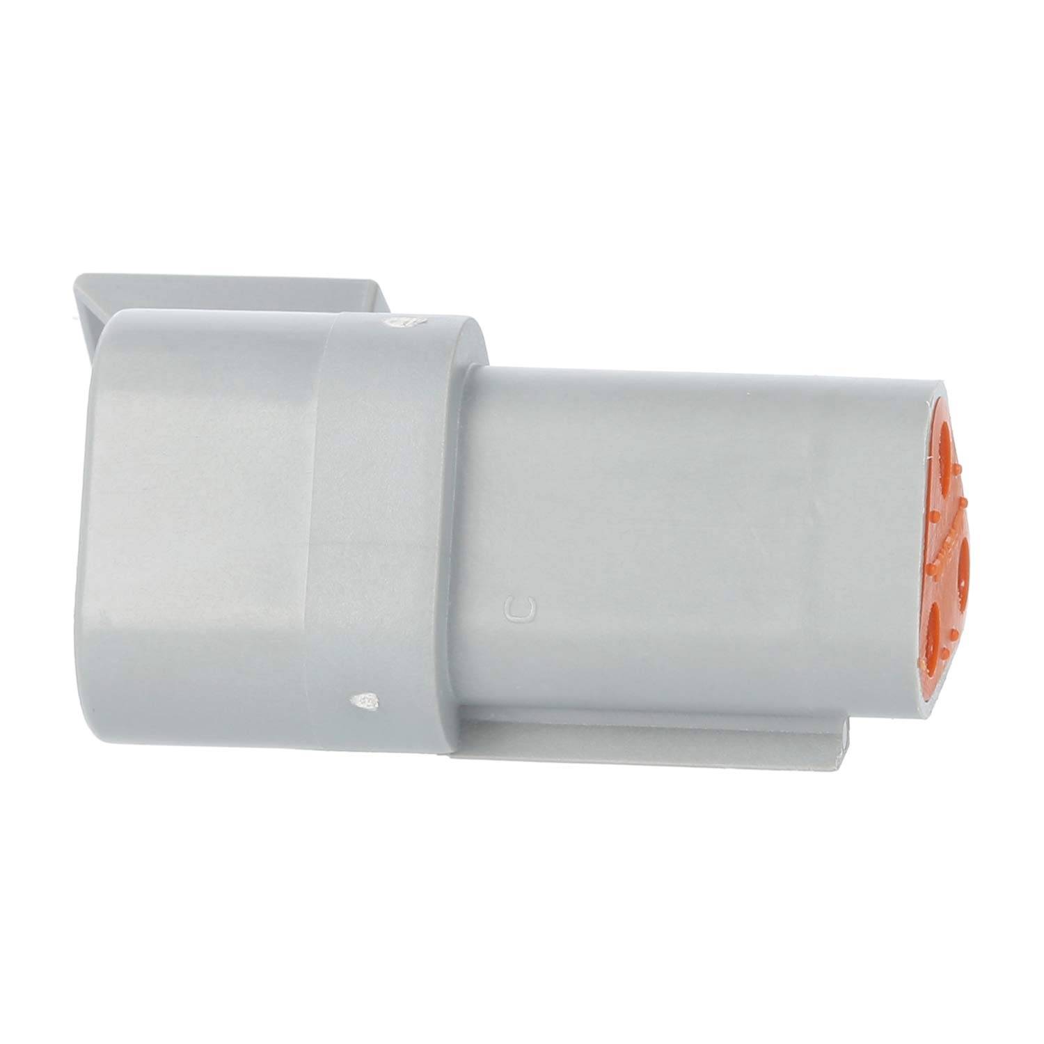 Ein grauer, L-förmiger Kunststoff-Elektroverbinder mit einem orangefarbenen Einsatz, der für automotive Verdrahtungsanwendungen verwendet wird.