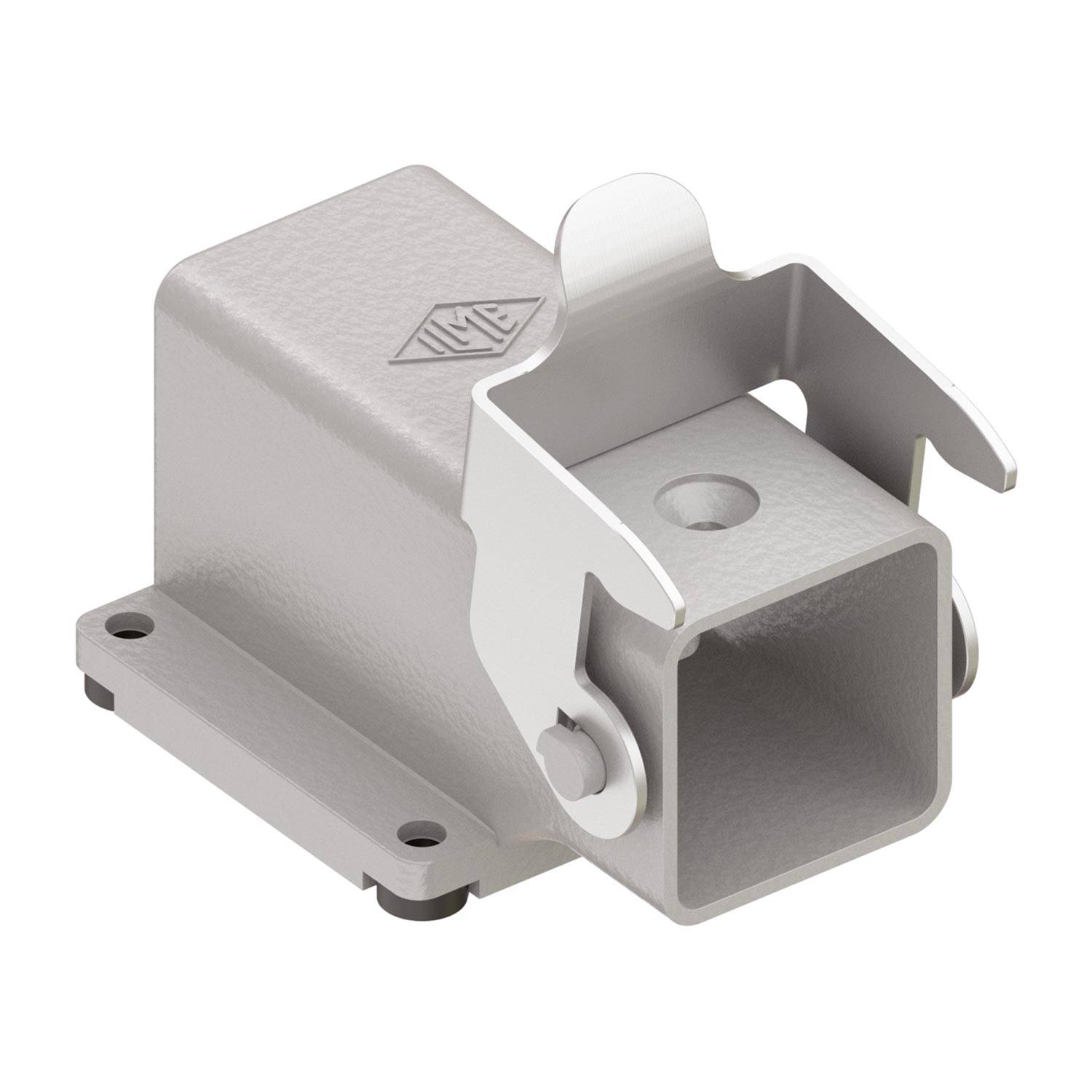 Graue Metallhalterung mit quadratischer Öffnung, Flanschen und runden Drehpunkten, wahrscheinlich zur Befestigung oder strukturellen Unterstützung.