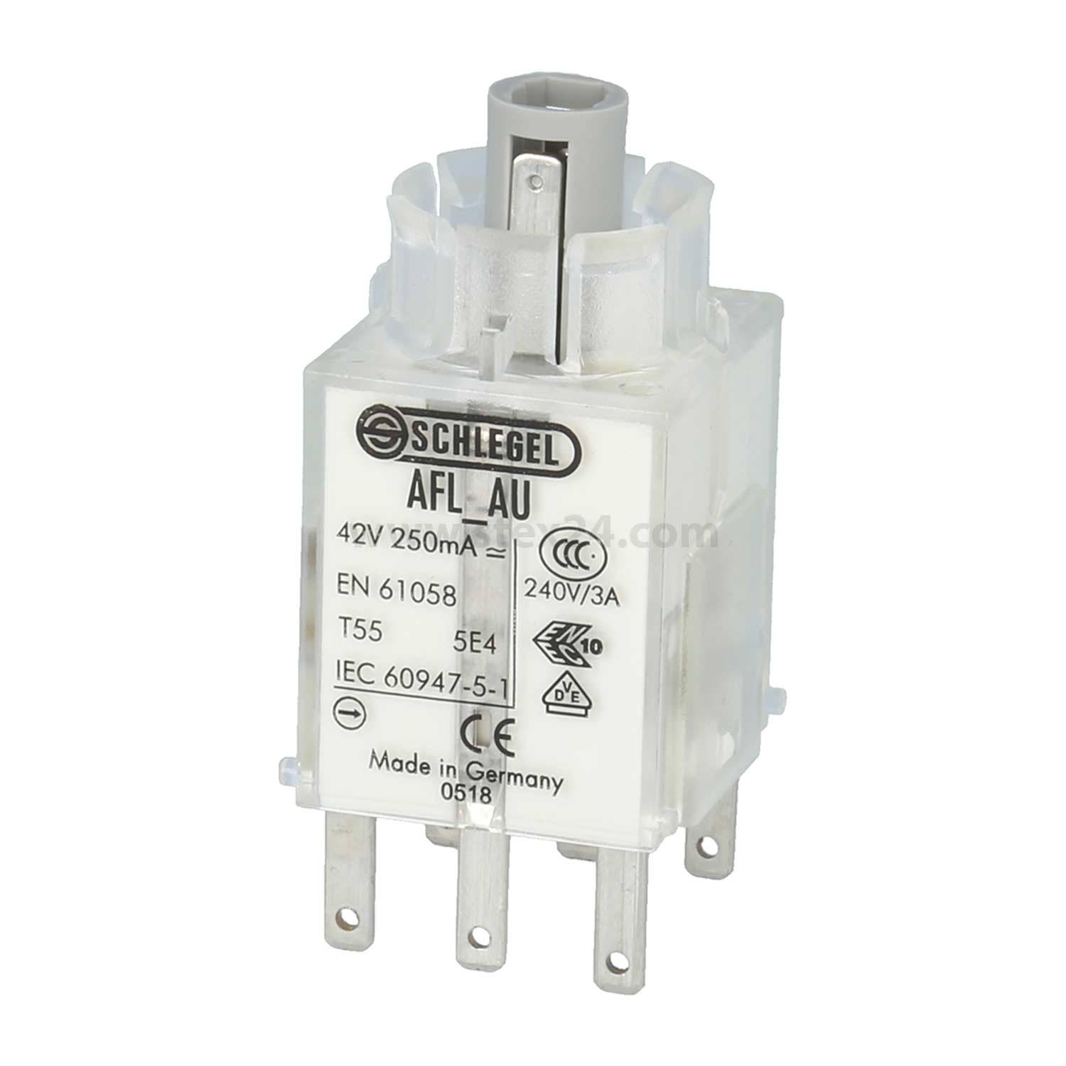 Ein transparenter elektrischer Relais mit der Bezeichnung 'Schlegel AFL_AU', der Spezifikationen wie '42V 250mA', '240V/3A' und 'Made in Germany' zeigt.