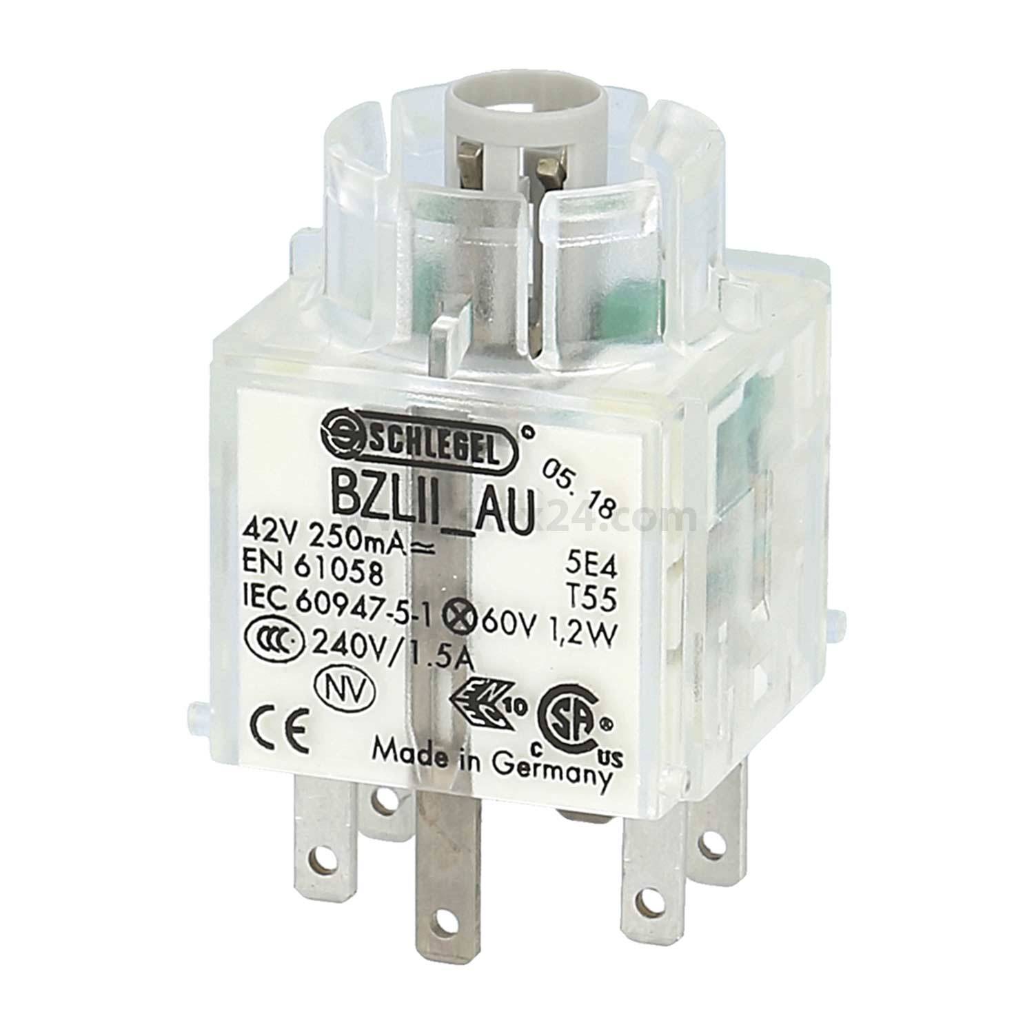 Ein transparenter Kunststoff-Elektromagnetrelais, beschriftet mit 'BZLII AU', mit folgenden Spezifikationen: 42V 250mA, IEC 60947-5-1, 60V 1,2W, 240V/1,5A, hergestellt in Deutschland.