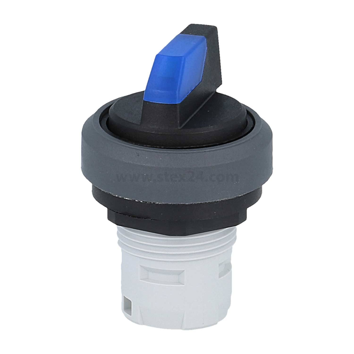 Ein schwarz-blauer Drehschalter mit einer grau-weißen Basis, der für einfache Bedienung konzipiert ist und sich für Maschinen oder elektrische Schaltanlagen eignet.