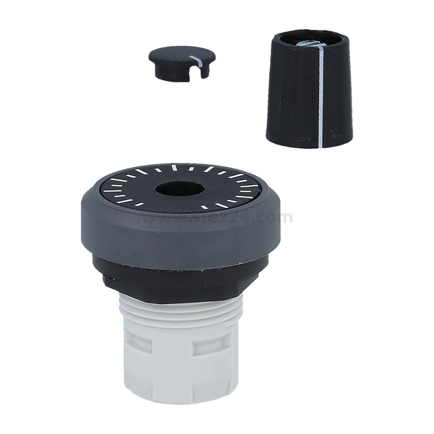 Ein Kunststoff-Drehknopf und sein Deckel mit grauem Oberteil, der eine kreisförmige Skala und gestrichelte Markierungen aufweist; die Teile sind zerlegt dargestellt.