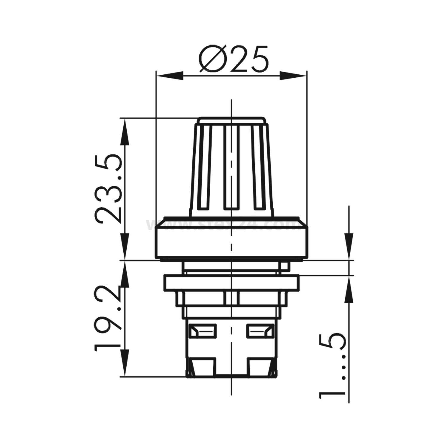 Technische Zeichnung eines Drehknopfs mit einem Durchmesser von 25 mm, einer Höhe von 23,5 mm und einer Einbautiefe von 19,2 mm.