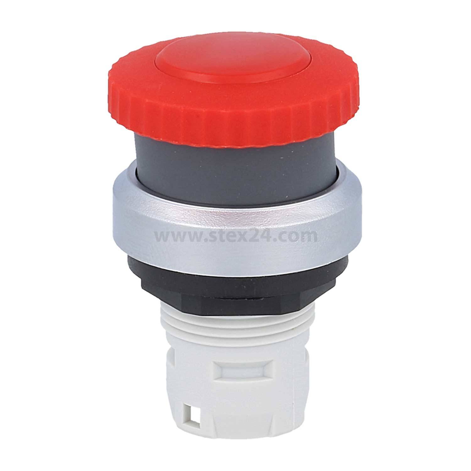 Roter Notaus-Druckschalter mit silberner Basis und weißem Montageelement, der zur Sicherheit in industriellen Umgebungen verwendet wird.