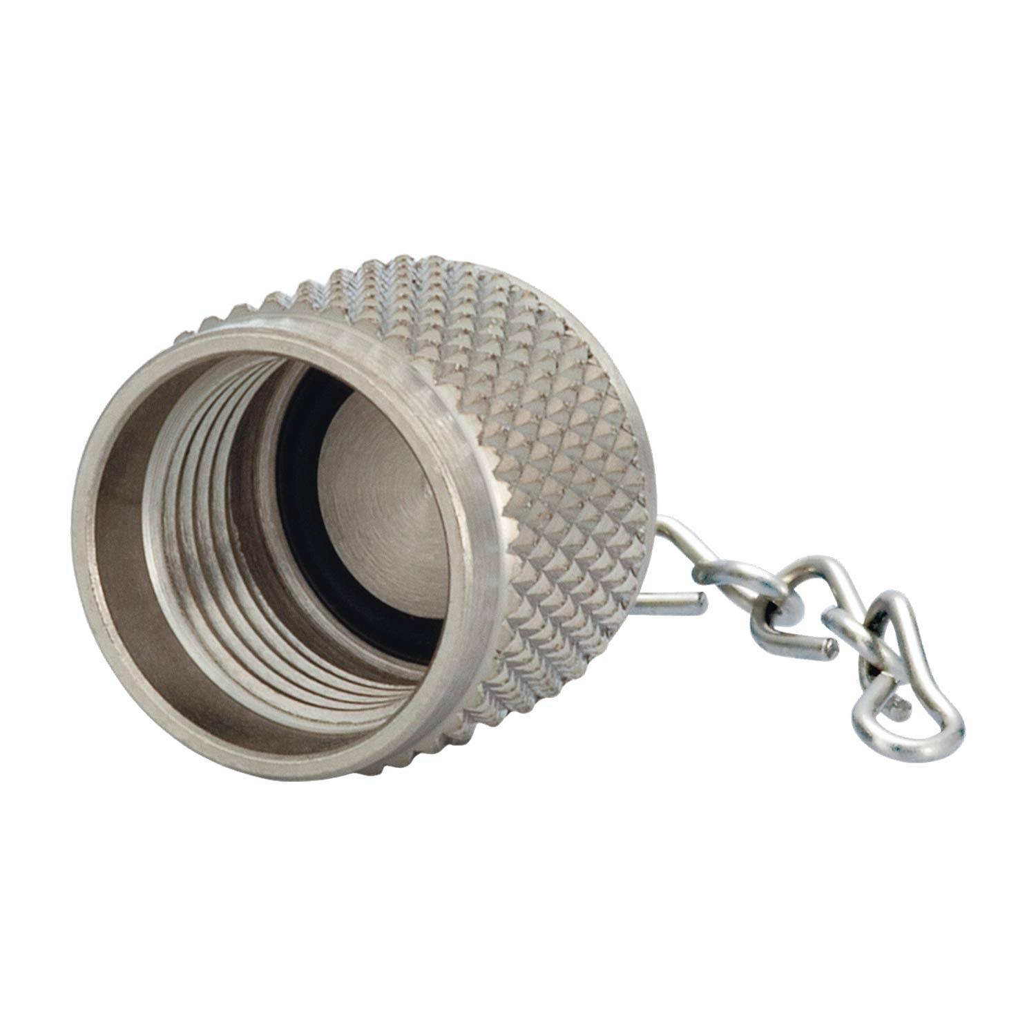 Eine silberne Metallkappe mit gerilltem Griff, geöffnet, mit sichtbarem Innengewinde, an einer Kette befestigt.