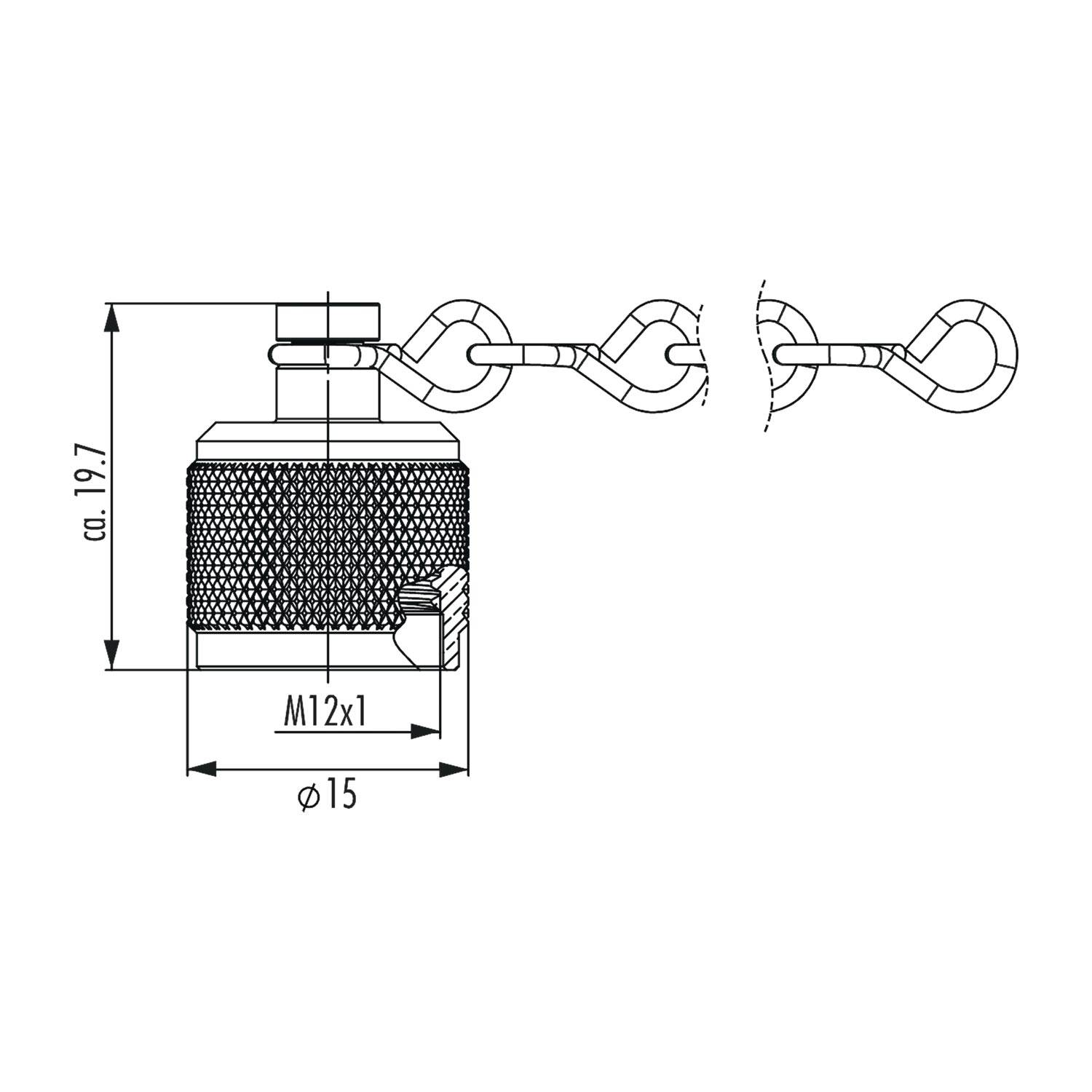 Technische Zeichnung einer Schraubkappe mit Kette. Abmessungen: Durchmesser 15 mm, Höhe 19,7 mm. Gewindegröße: M12x1. Kette oben befestigt.