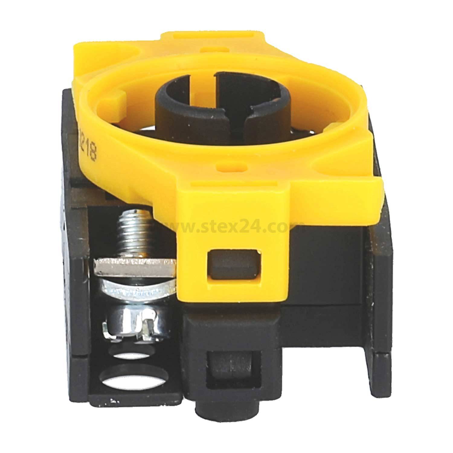 Ein gelb-schwarzer elektronischer Schaltkomponente mit einer kreisrunden Öffnung an der Oberseite und einem Metallschraubanschluss an der Seite.